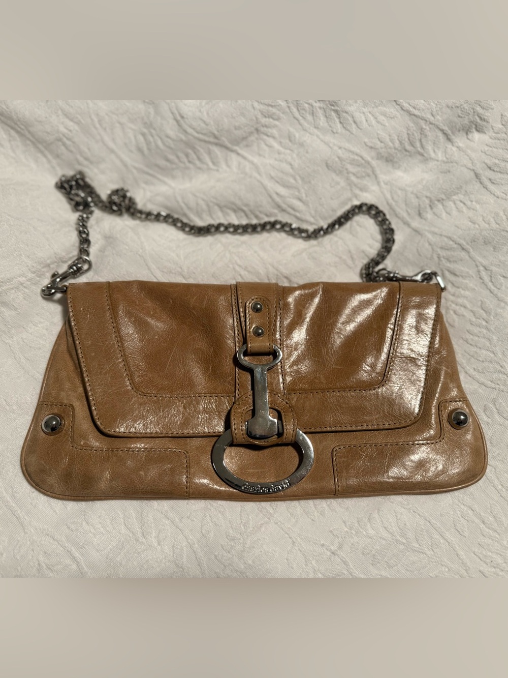 CHARLES DAVID - Vintage purse with silver chain strap. Distressed Beige leather.